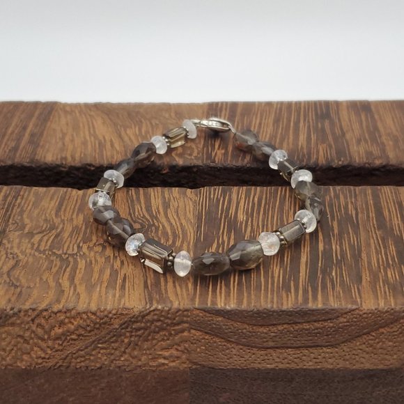 7 Inch 925 Sterling Silver Smoky Quartz And Moonstones Bracelet - Picture 1 of 7